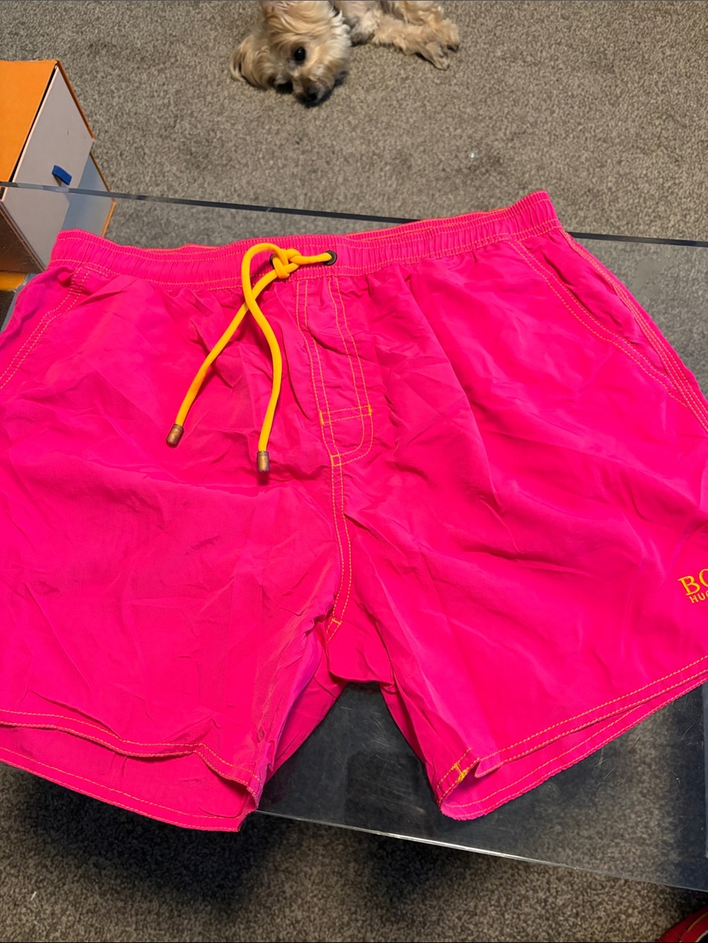 Boss Neon Pink Athletic Shorts with Yellow Drawstring